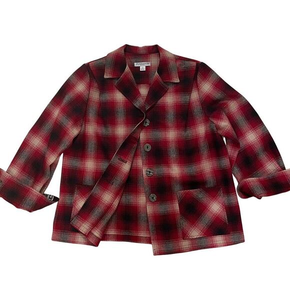 Vintage Pendleton P Large Wool Shirt Jacket | Red Black Plaid Virgin Wool NWOT - Picture 1 of 8